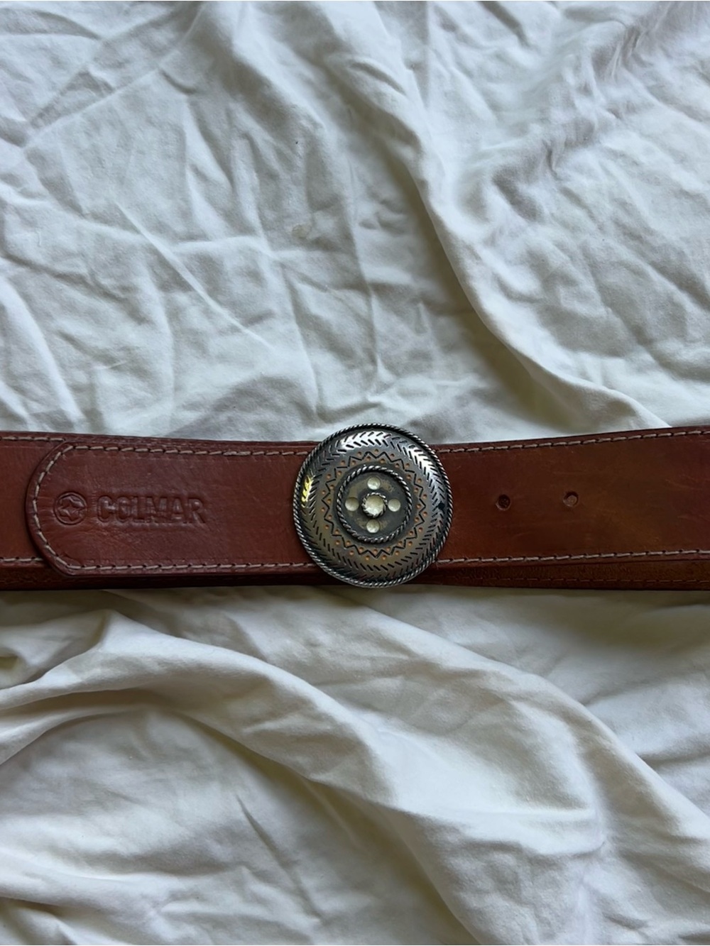 COLMAR Brown Leather Belt with Decorative Silver Concho Buckle